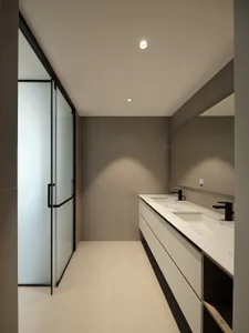 Modern bathroom featuring concrete tiles and a minimalist design.