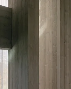 A modern interior space featuring wooden panels and botanical views.