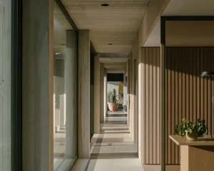Modern interior space with natural wood finishes and sustainable materials.