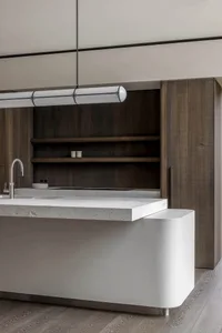 Modern kitchen with clean lines, concrete countertops, and wooden shelves.