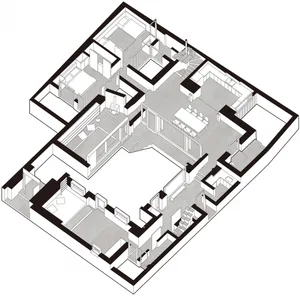 Isometric view of a modern residential floor plan highlighting the layout and design features.