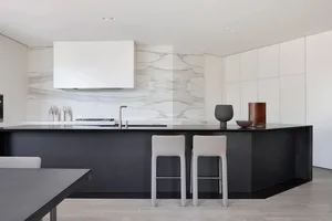 A modern residential kitchen featuring marble countertops and backsplash.