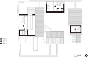 Floor plan of a modern house with multiple rooms, including bedrooms and an outdoor rooftop platform.