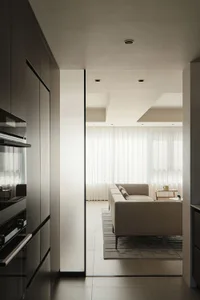 A modern interior design living room featuring white curtains.