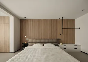 Modern minimalist bedroom with a wood paneled wall, featuring a large bed with white linens and a sleek, contemporary design.