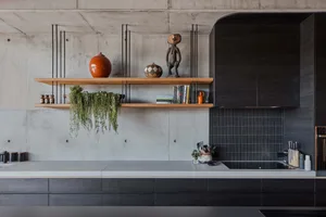 Concrete kitchen wall with shelves displaying decorative vases, books, and plants, with dark wooden cabinets and black backsp