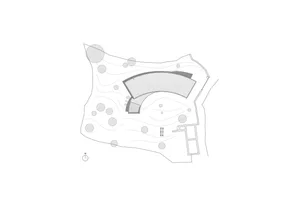 A black and white architectural plan of a modern building.