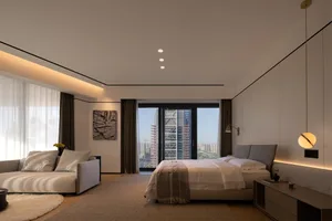 Minimalist bedroom with a view of the city, featuring a large bed, a comfortable sofa, and contemporary furnishings.