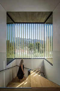 A person walking up a modern staircase with a wooden railing, framed by large vertical windows with views of distant mountain