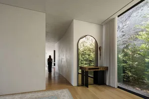 Modern minimalist entryway featuring wooden elements and a tranquil outdoor view.