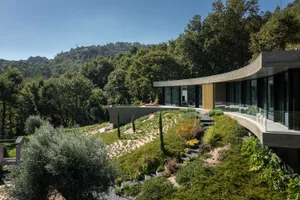 A modern house designed with concrete, featuring a garden with various plants and a curving glass wall.