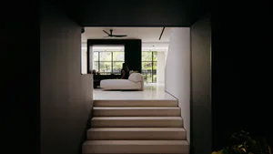 A modern spa interior with a minimalist concrete design