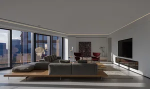 A modern living room featuring glass, wood, and upholstered furniture