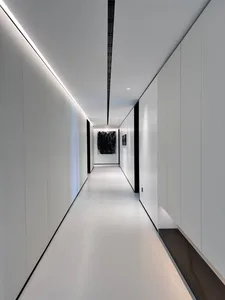 A minimalist white corridor with panels on the walls.