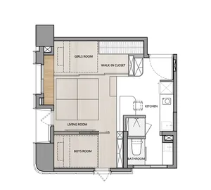 Floor plan of a residential house showing living room, kitchen, bathroom, kids' bedrooms, and walk-in closet.