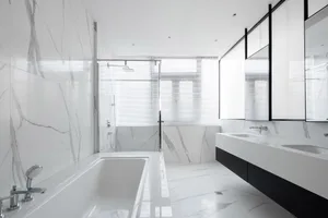 Modern minimalist bathroom featuring white marble elements and a sleek design.