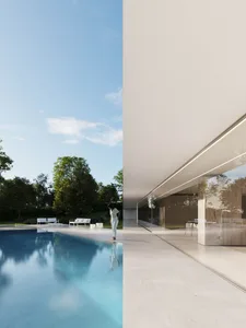 A modern residential architectural design featuring glass and concrete materials.