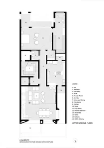 A detailed 2D architectural drawing of a residential interior floor plan showcasing contemporary design elements.