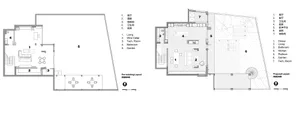 Floor plan comparison of pre-existing and renovated spaces, including living room, wine cellar, tech. room, and garden.