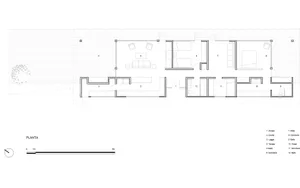 A 2D architectural drawing of a house's floor plan, showing rooms and spaces.