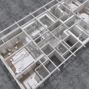 Modern apartment layout with minimalist design, featuring white interiors and open-plan living.