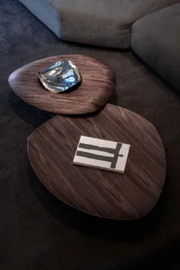 Two modern coffee tables with a metallic decorative piece and a book on one of them, set against a dark textured background.