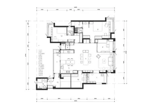 Floor-plan diagram depicting the layout of a modern interior space with detailed dimensions and room labels.