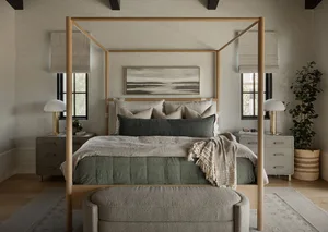 Modern bedroom featuring a bed with a wooden canopy frame, beige comforter, and matching ottoman.