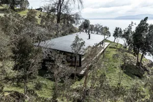 A modern wooden-roof house overlooking water, surrounded by greenery and trees.