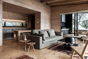 A modern Scandinavian living room featuring wooden walls and flooring, a gray sofa, and minimalistic decor.