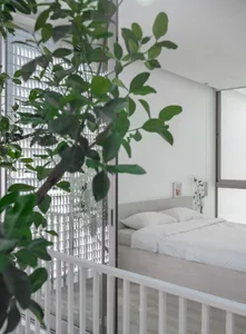 A modern minimalist bedroom with white bedding and white walls, featuring a bed and a window with louvered shutters.