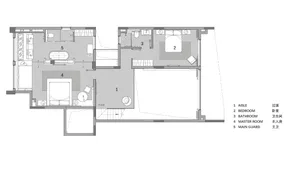 Floor plan of a modern living space with detailed annotations for each room and feature.