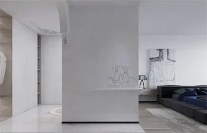 Modern minimalist bedroom with a concrete accent wall and natural lighting.