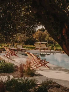 Modern poolside deck featuring wooden lounge chairs on a concrete ground, surrounded by lush greenery and shaded by trees.