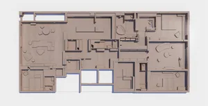 Floor plan of an apartment with neutral tones and wooden flooring.