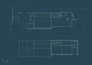 A detailed blueprint of a modern contemporary architectural floor plan featuring various functional zones.