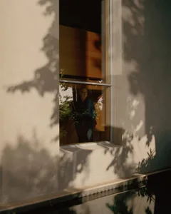 A reflection of a person through a glass window with leaf shadows on the walls.