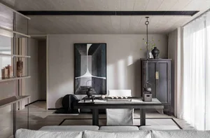 A minimalist living room featuring a wooden dining table and floor, a light-colored sofa, and a geometric abstract painting h