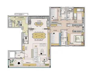 Modern apartment floor plan featuring white tiled flooring, with a living room, dining area, kitchen, bedrooms, bathrooms, an