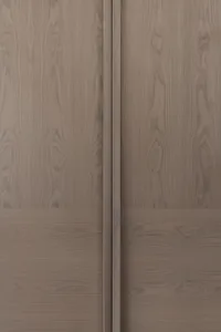 Modern interior design featuring natural wood-paneled walls