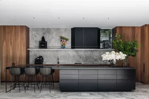 Contemporary kitchen with concrete countertops, black cabinetry, and a black countertop.