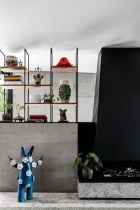 Contemporary living room featuring minimalist design with concrete walls, shelves, and a fireplace.
