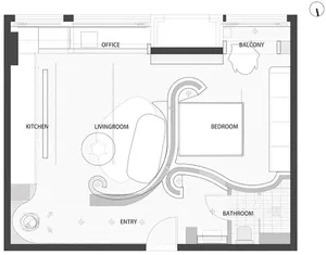 Floor plan of a modern apartment with entry, living room, office, balcony, kitchen, bedroom, and bathroom.