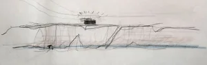 Hand-drawn sketch of a cliff with red and black lines and shapes representing the cliff and surrounding environment.
