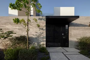 A modern house with a concrete wall and a black grid door.