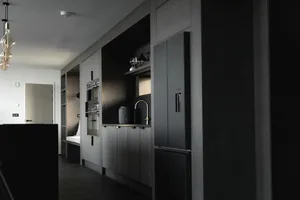 Modern, minimalist kitchen with black cabinets, stainless steel appliances, and a sleek, contemporary design.