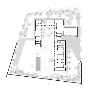 Floor plan of a modern residential space with concrete features.