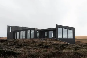 Modern residential architecture featuring black wooden cladding on a grassy landscape.