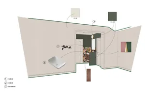 A modern bathroom with a concrete sink, black faucet, and green wall paint.
