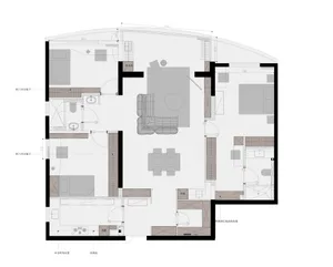 Modern architectural floor plan with clean lines, open spaces, large windows, and minimalistic design.